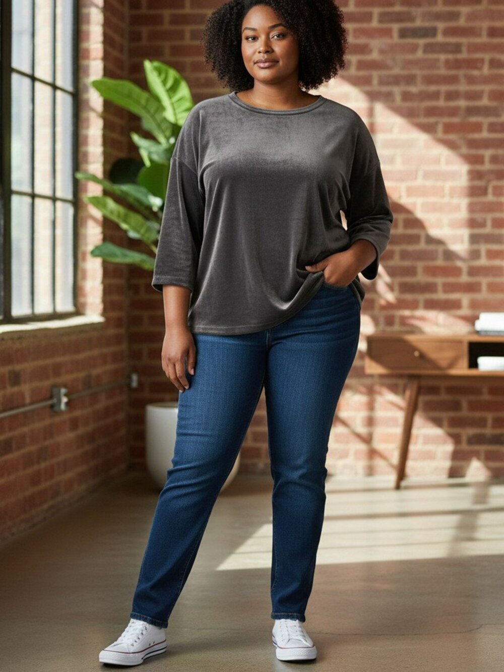 J Jill Purejill Womens XL Charcoal Gray Velvet Velour Blouse Top Shirt Stretchy